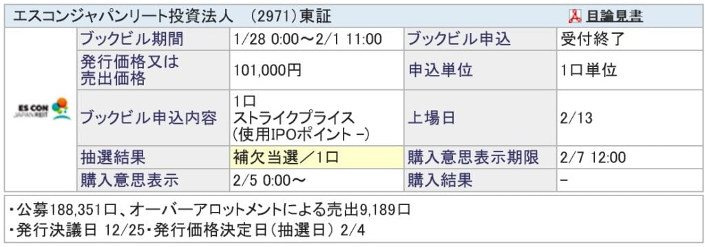 エスコンジャパンリート投資法人（SBI証券）