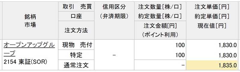 オープンアップグループの約定画像(楽天証券)